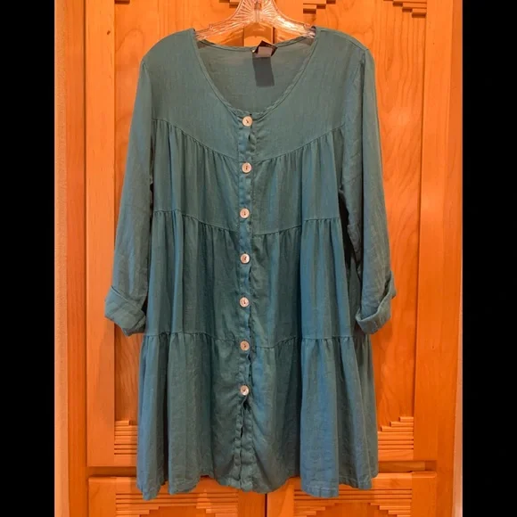 linen blue shirt dress PIETER PETROS | PP Amelia Linen Dress Shirt — Blue